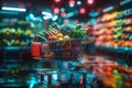 Vibrant futuristic shopping cart brimming with fresh produce assortment