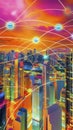 Vibrant futuristic skyline with dynamic network arcs
