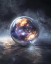 Vibrant galaxy inside a glass orb on a reflective surface with dramatic lighting, fantasy concept Royalty Free Stock Photo