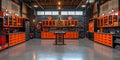 Vibrant garage workshop with a modern industrial style features workbenches tools and lighting. Royalty Free Stock Photo