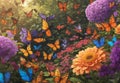 A vibrant garden alive with butterflies flitting from one blooming flower to another.