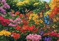 A vibrant garden alive with butterflies flitting from one blooming flower to another..