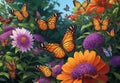 A vibrant garden alive with butterflies flitting from one blooming flower to another.