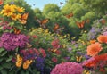 A vibrant garden alive with butterflies and hummingbirds, flitting among the blooming flowers.