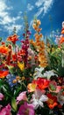 Vibrant garden flowers against a blue sky