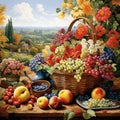 Vibrant Garden Scene Filled with Flowers and Fruits