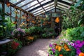 A vibrant garden teeming with an abundance of blooming flowers and fluttering butterflies, A charming Victorian-era conservatory