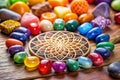 Vibrant gemstones arranged in a circular pattern around a mandala-shaped coaster on rustic wooden surface. Generative AI Royalty Free Stock Photo