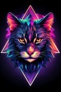 Vibrant geometric cat with playful personalities on neon watercolor splash vertical background