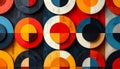 Vibrant geometric pattern of concentric circles in red orange yellow blue and white hues on a dark background Royalty Free Stock Photo