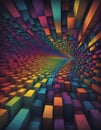 Vibrant geometrically patterned tunnel perspective in multicolor, abstract artwork with pixelated and swirling designs, Generative