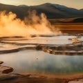 Vibrant Geothermal Pool Amidst Majestic Mountains at Sunset