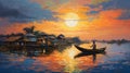 Colorful Impressionistic Cityscape: Ghana With Boats And Setting Sun
