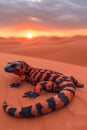 Vibrant Gila Monster Lizard Basking on Sand Dunes Against a Sunset Sky in the Desert