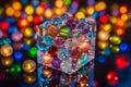 Vibrant Glass Marbles in Clear Box, Colorful Bokeh Lights Background Royalty Free Stock Photo