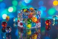 Vibrant Glass Marbles in Clear Box, Colorful Bokeh Lights Background Royalty Free Stock Photo