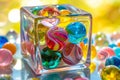 Vibrant Glass Marbles in Clear Box, Colorful Bokeh Lights Background Royalty Free Stock Photo