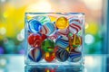 Vibrant Glass Marbles in Clear Box, Colorful Bokeh Lights Background Royalty Free Stock Photo