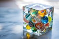 Vibrant Glass Marbles in Clear Box, Colorful Bokeh Lights Background Royalty Free Stock Photo