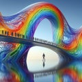 A vibrant glass sculpture of a giant rainbow bridge symbolizin