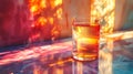A vibrant glass of tea is illuminated by colorful sunlight on a marble surface Royalty Free Stock Photo