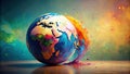 A vibrant globe explodes in a colorful burst of paint, representing global unity and dynamism. Generative AI Royalty Free Stock Photo
