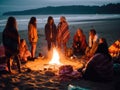 Gen Z bonfire beach outing with snacks Royalty Free Stock Photo