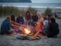 Gen Z bonfire beach outing with snacks Royalty Free Stock Photo