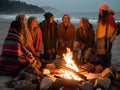 Gen Z bonfire beach outing with snacks Royalty Free Stock Photo