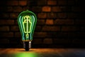Vibrant glow green neon lamp with a light bulb on brick