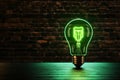 Vibrant glow green neon lamp with a light bulb on brick