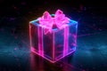 Vibrant glowcore style neon gift box with bow on black background. AI Image Royalty Free Stock Photo