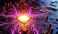 Vibrant glowing central processor unit illuminating a complex circuit board with futuristic energy Royalty Free Stock Photo