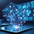 Glowing Digital Network Cube Projecting from Tablet Screen technology data Royalty Free Stock Photo