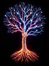 Vibrant glowing digital tree with a heart core, symbolizing the intricate connection between technology, nature, and emotion Royalty Free Stock Photo