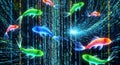 Colorful koi fish swimming in a digital stream of binary code, abstract data concept Royalty Free Stock Photo