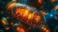 Vibrant glowing microscopic cell structure with intense orange energy and surrounding particles, highly detailed Royalty Free Stock Photo
