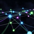 Vibrant glowing nodes connected by intricate network lines in dark space Royalty Free Stock Photo