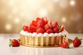 vibrant, golden-hued strawberry cake adorned with a generous amount of fresh strawberries on a golden tray, on a bokeh