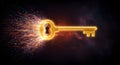 Golden key unlocking digital data stream floating in cosmic space Royalty Free Stock Photo