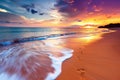 Golden sunset over vibrant sandy beach with waves Royalty Free Stock Photo