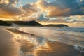 Golden sunset over vibrant sandy beach with waves Royalty Free Stock Photo