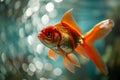 Vibrant goldfish swimming in clear water with bokeh background