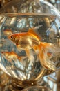 Vibrant Goldfish Swimming in Glass Bowl with Blurred Background in Sunlit Room