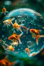 Vibrant Goldfish Swimming Inside Transparent Water Bubble Against Teal Background Royalty Free Stock Photo