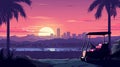 Vibrant Golf Cart Sunset: Graphic Design-inspired Illustration