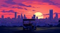 Vibrant Golf Cart Sunset: A Retro Cityscape Illustration Royalty Free Stock Photo