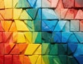 Vibrant gradient of colorful triangular wooden blocks create visually striking abstract pattern. Blocks feature rough, painted Royalty Free Stock Photo