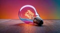 Vibrant gradient light bulb glowing on a wooden table Royalty Free Stock Photo
