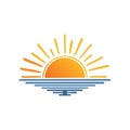Vibrant gradient sun setting or rising over calm ocean waves in a simplified vector logo design Royalty Free Stock Photo